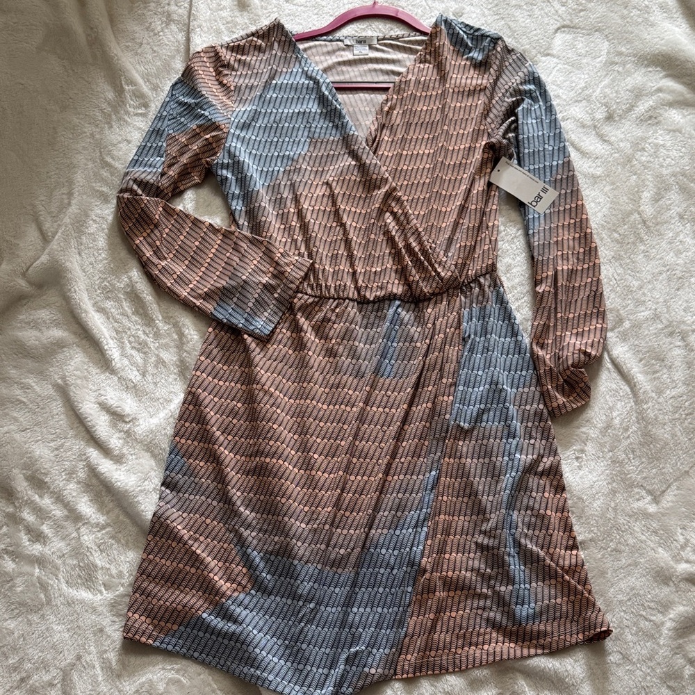 Bar III Blue and Brown Long Sleeve Dress